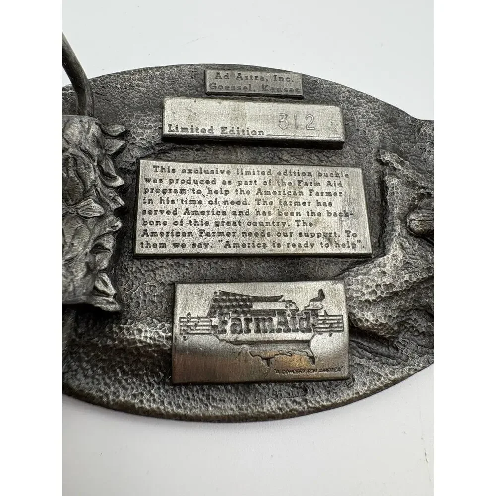 Vintage 1985 Farm Aid Pewter Belt Buckle Siskiyou Limited Edition Support Farmer